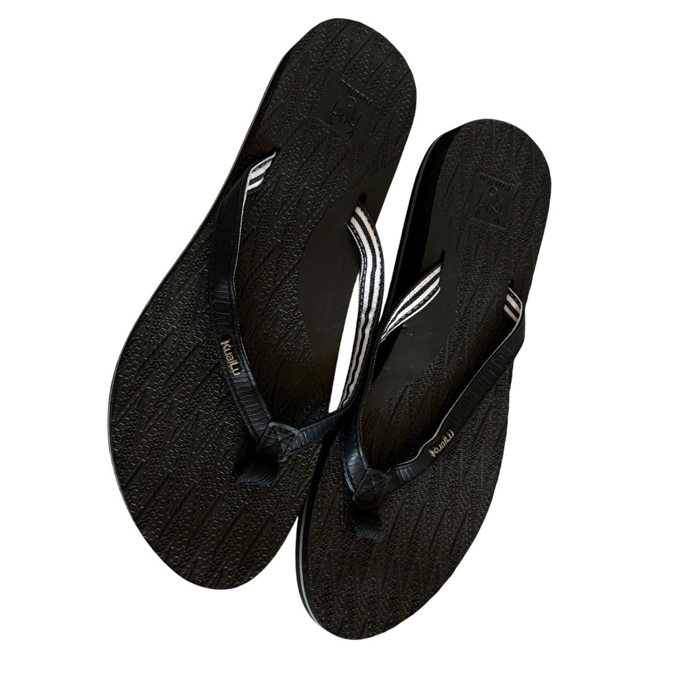 KuaiLu Womens Black Flip Flop Sandals Striped‎ Arch Support Beach Shoes Size 8.5